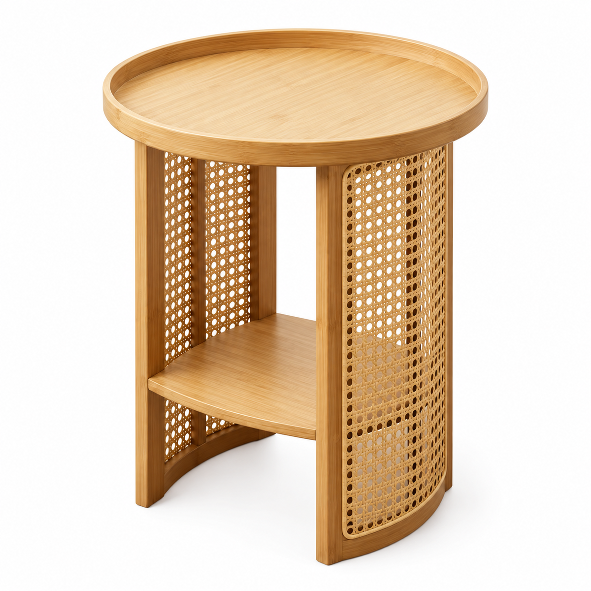 Table d’appoint ronde en bois naturel et cannage rotin diamètre 45 cm