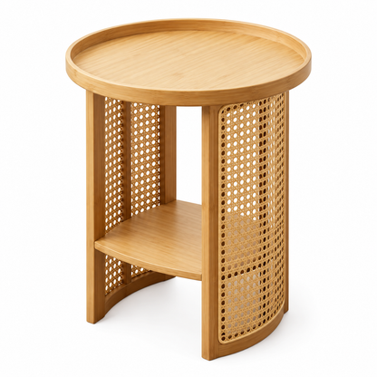 Table d’appoint ronde en bois naturel et cannage rotin diamètre 45 cm