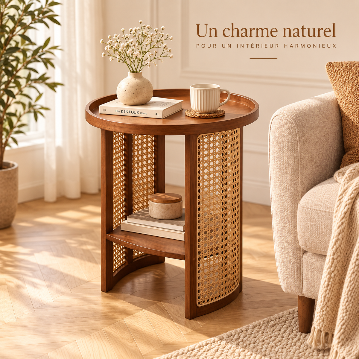 Table d’appoint en bois naturel et cannage rotin près d’un canapé