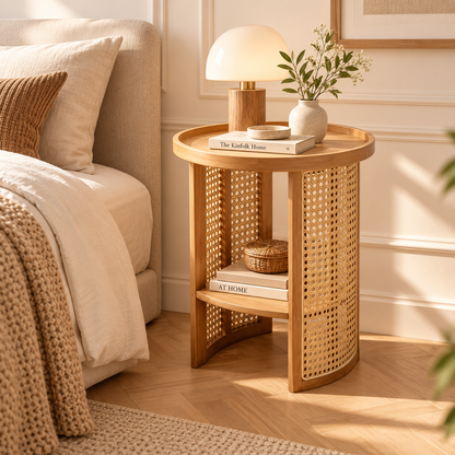 Table d’appoint en bois naturel et cannage rotin près d’un lit