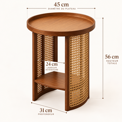 Dimensions table d’appoint en rotin : diamètre 45 cm, hauteur 56 cm et profondeur 31 cm