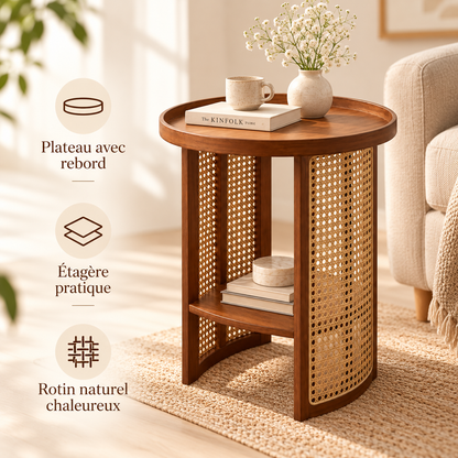 Table d’appoint en rotin avec plateau à rebord, étagère et cannage naturel