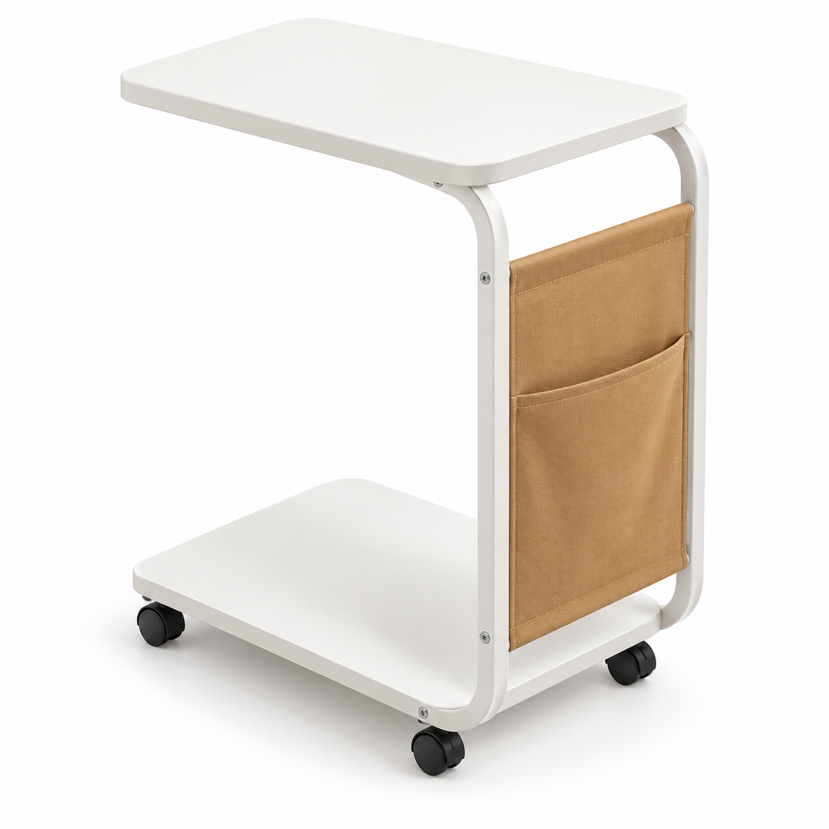 Table d’appoint blanche sur roulettes avec étagère basse et rangement latéral en tissu beige