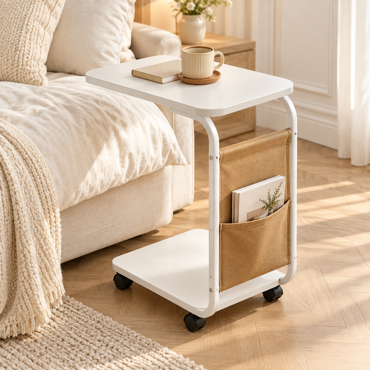 Table d’appoint blanche sur roulettes près d’un canapé écru avec une tasse, un livre et une poche de rangement