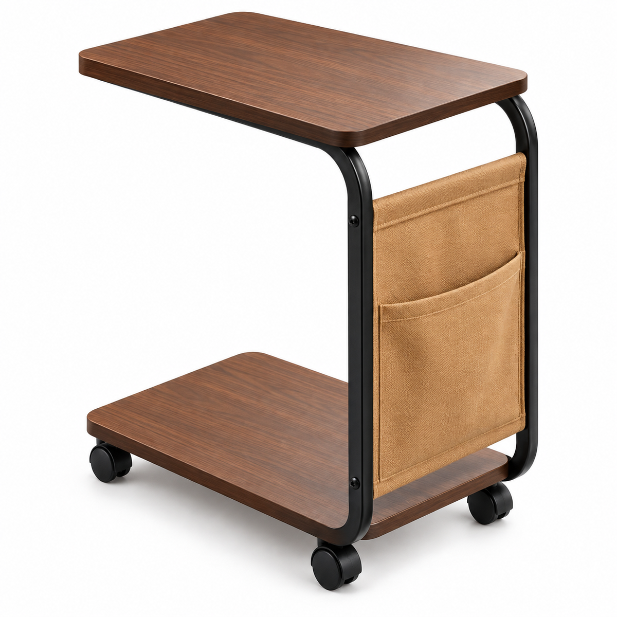 Table d’appoint sur roulettes avec plateaux effet bois brun, structure noire et poche latérale beige