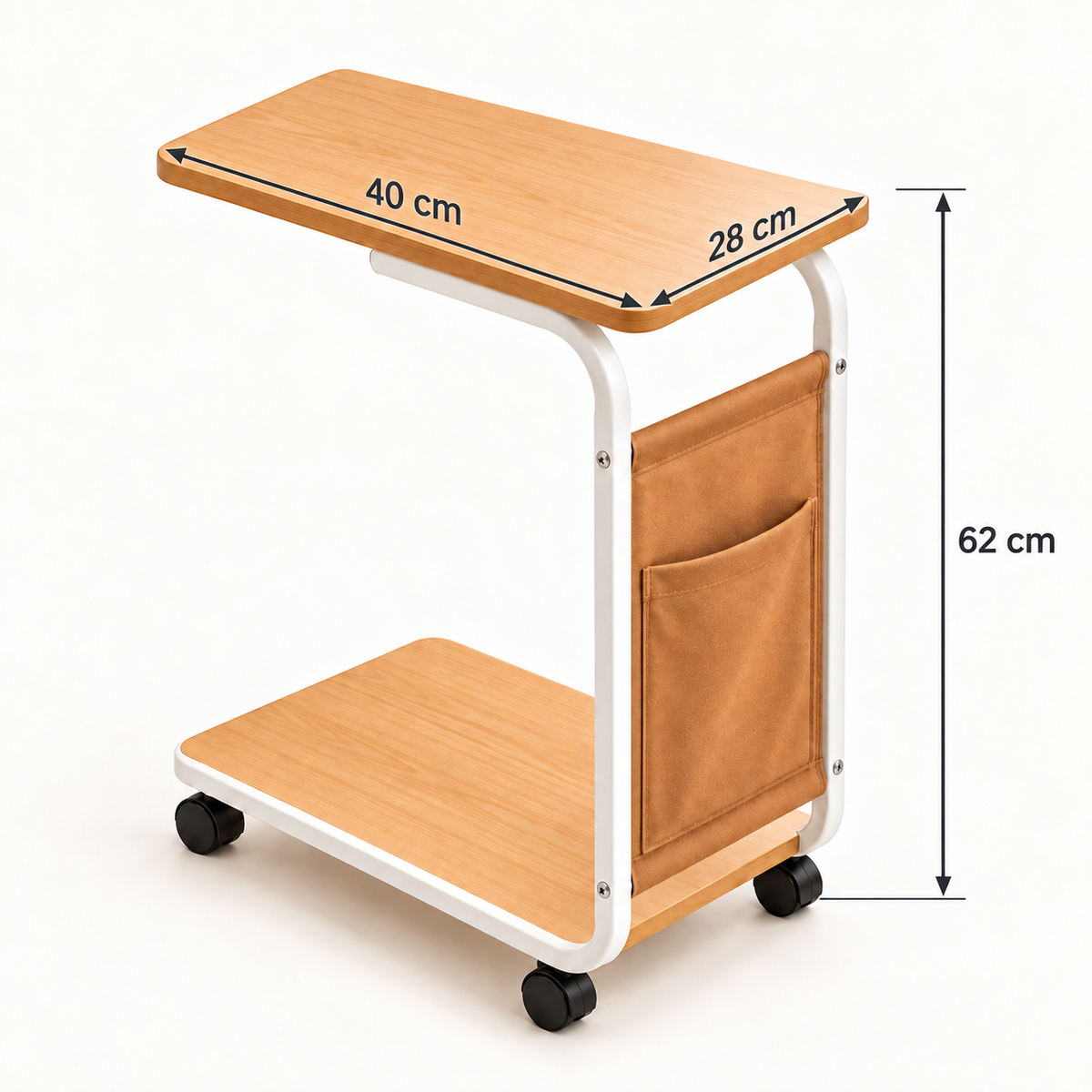 Dimensions de la table d’appoint sur roulettes : longueur 40 cm, profondeur 28 cm et hauteur 62 cm