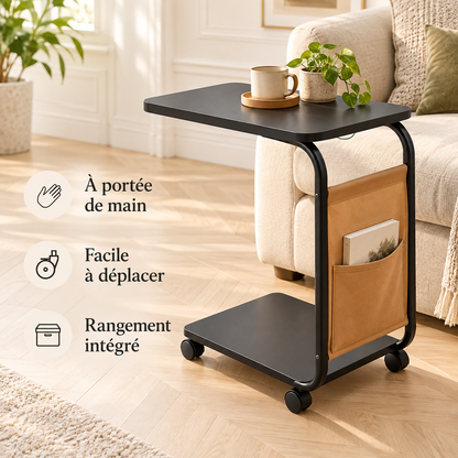 Table d’appoint noire avec trois atouts : à portée de main, facile à déplacer et rangement intégré