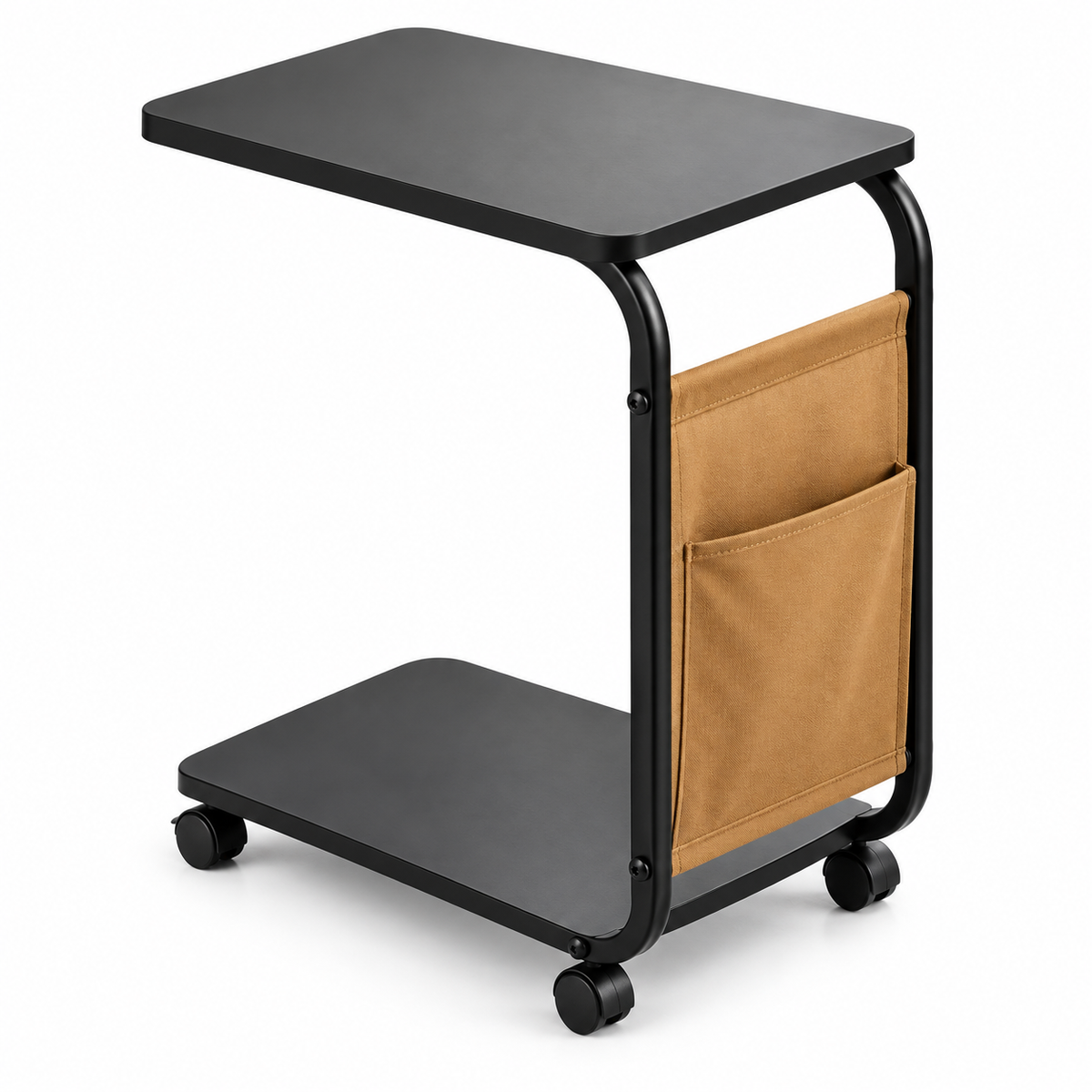 Table d’appoint noire sur roulettes avec étagère basse et poche latérale beige sur fond blanc