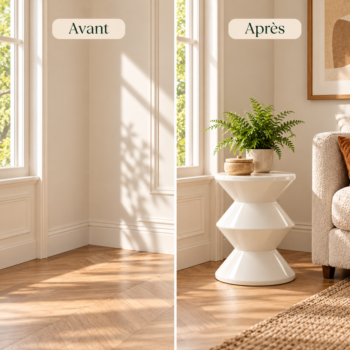 Avant après d'un coin salon décoré avec une table d'appoint sablier crème brillante