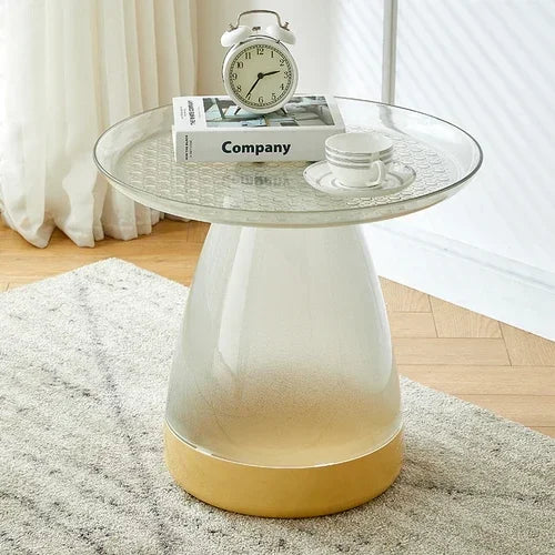 Table d’appoint transparente avec base jaune et design contemporain