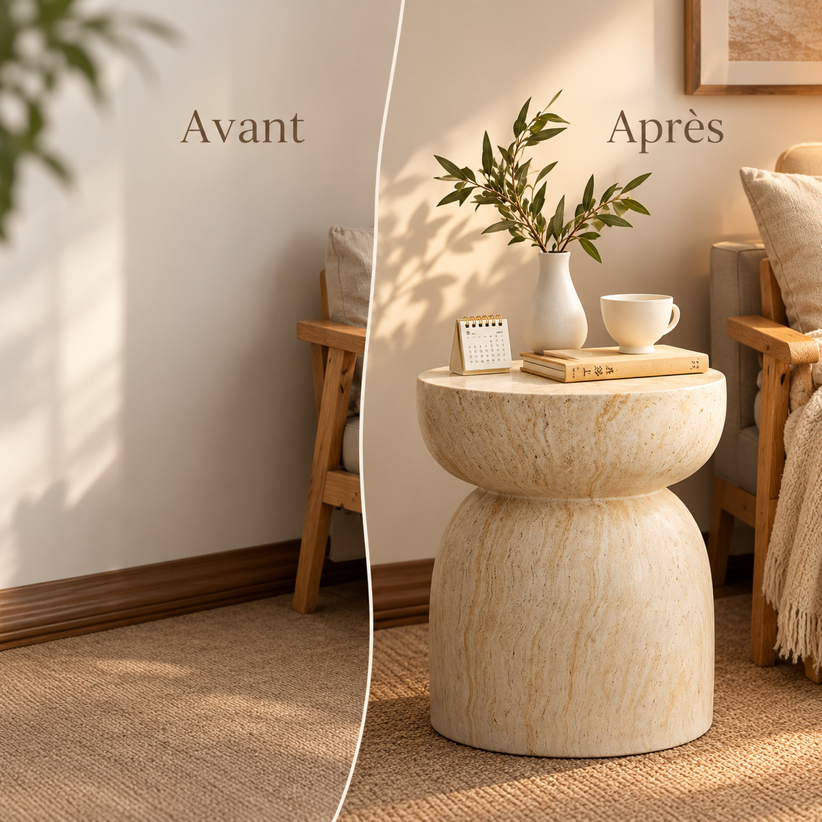 Avant après d’un coin intérieur aménagé avec une table d’appoint effet travertin