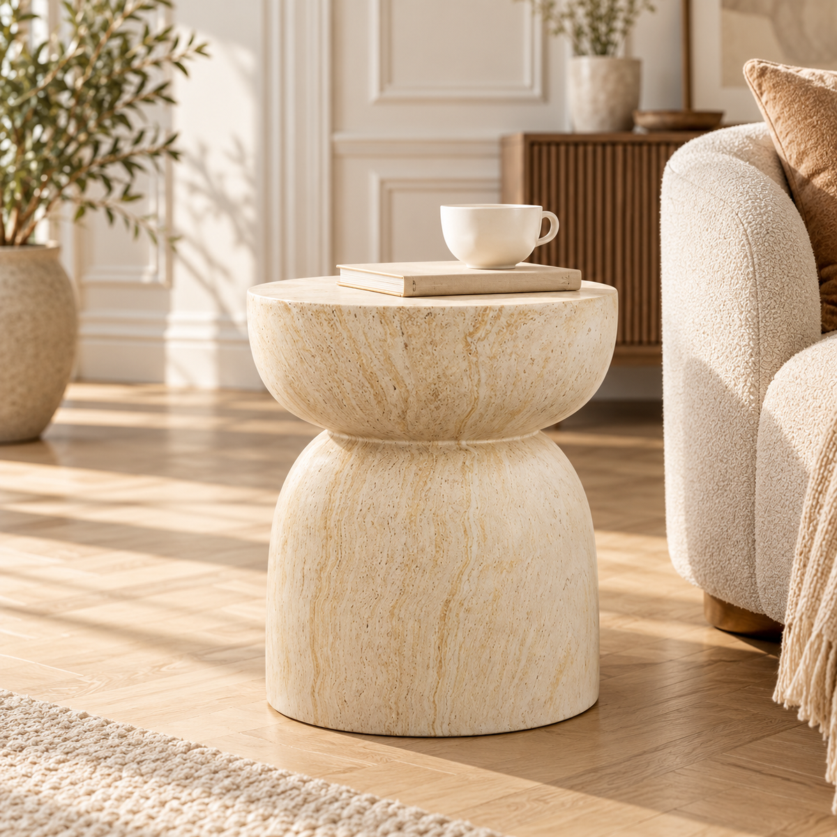 Table d’appoint effet travertin beige dans un salon moderne et lumineux