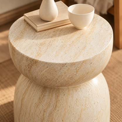 Gros plan sur la texture effet travertin beige de la table d’appoint