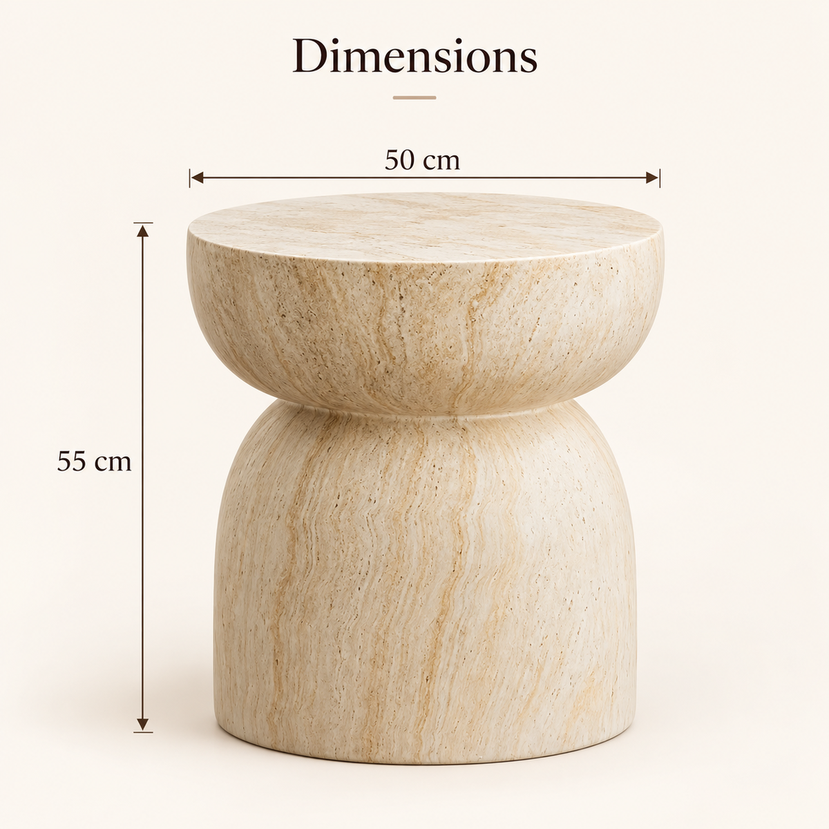 Table d’appoint effet travertin au format compact avec plateau rond généreux