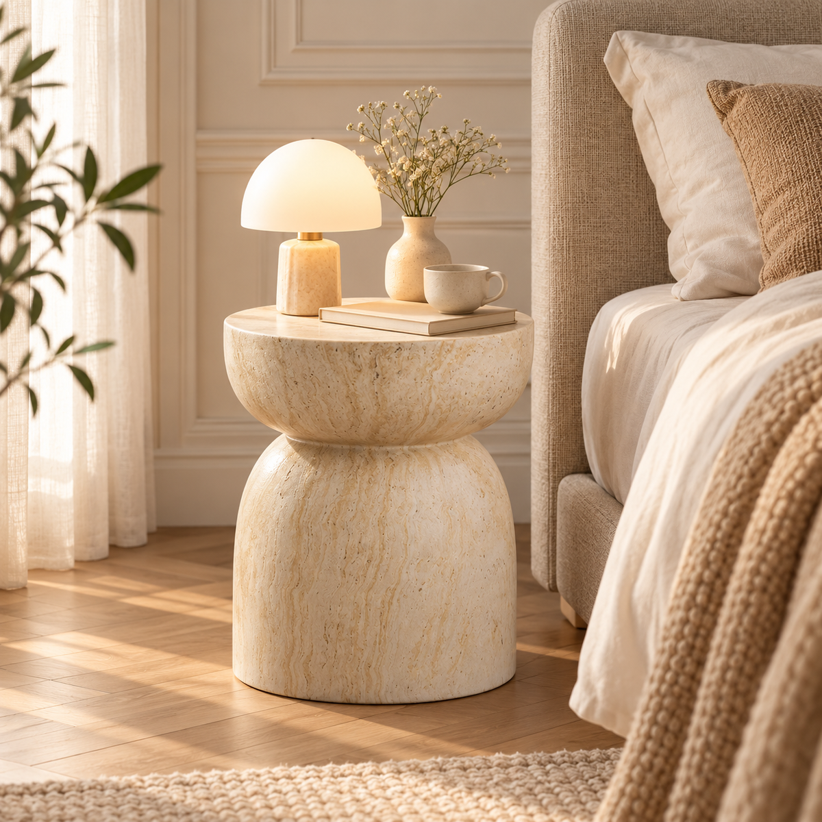 Table d’appoint effet travertin utilisée comme table de chevet dans une chambre chaleureuse