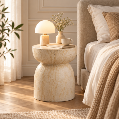 Table d’appoint effet travertin utilisée comme table de chevet dans une chambre chaleureuse