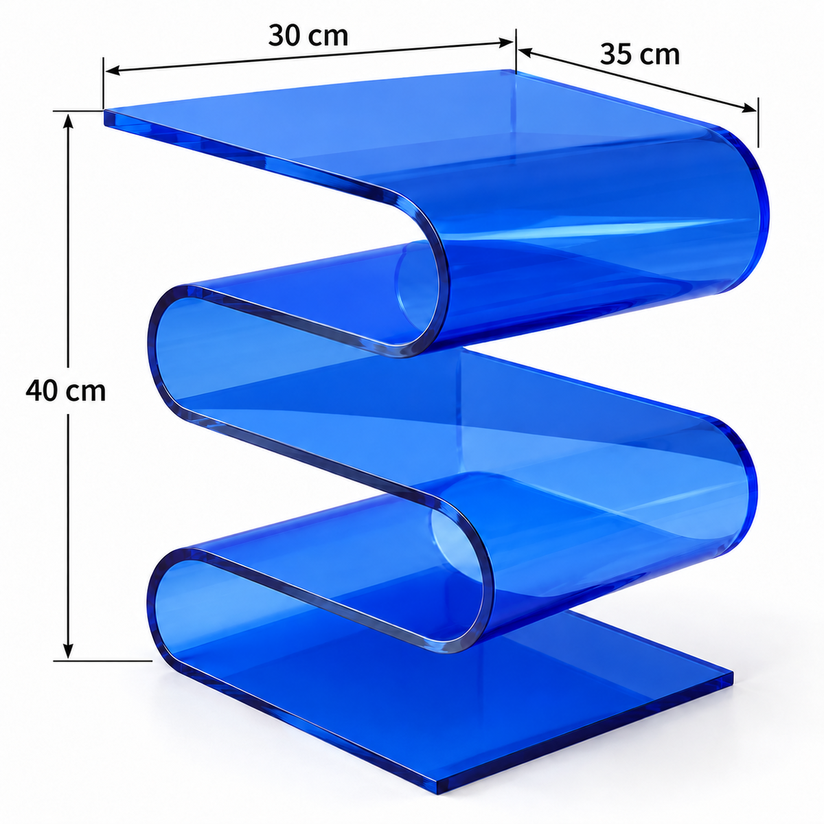 Table d’appoint bleue avec flèches indiquant 35 cm de longueur, 30 cm de largeur et 40 cm de hauteur