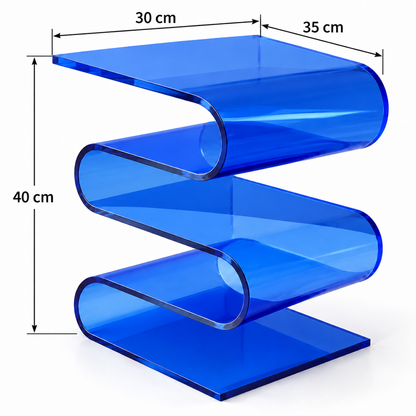 Table d’appoint bleue avec flèches indiquant 35 cm de longueur, 30 cm de largeur et 40 cm de hauteur