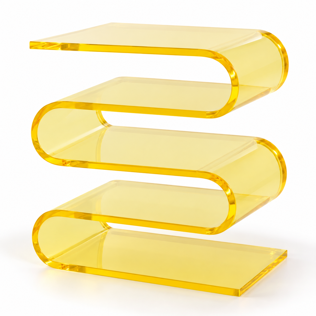 Table d’appoint en acrylique jaune translucide, en forme de vague, sur fond blanc