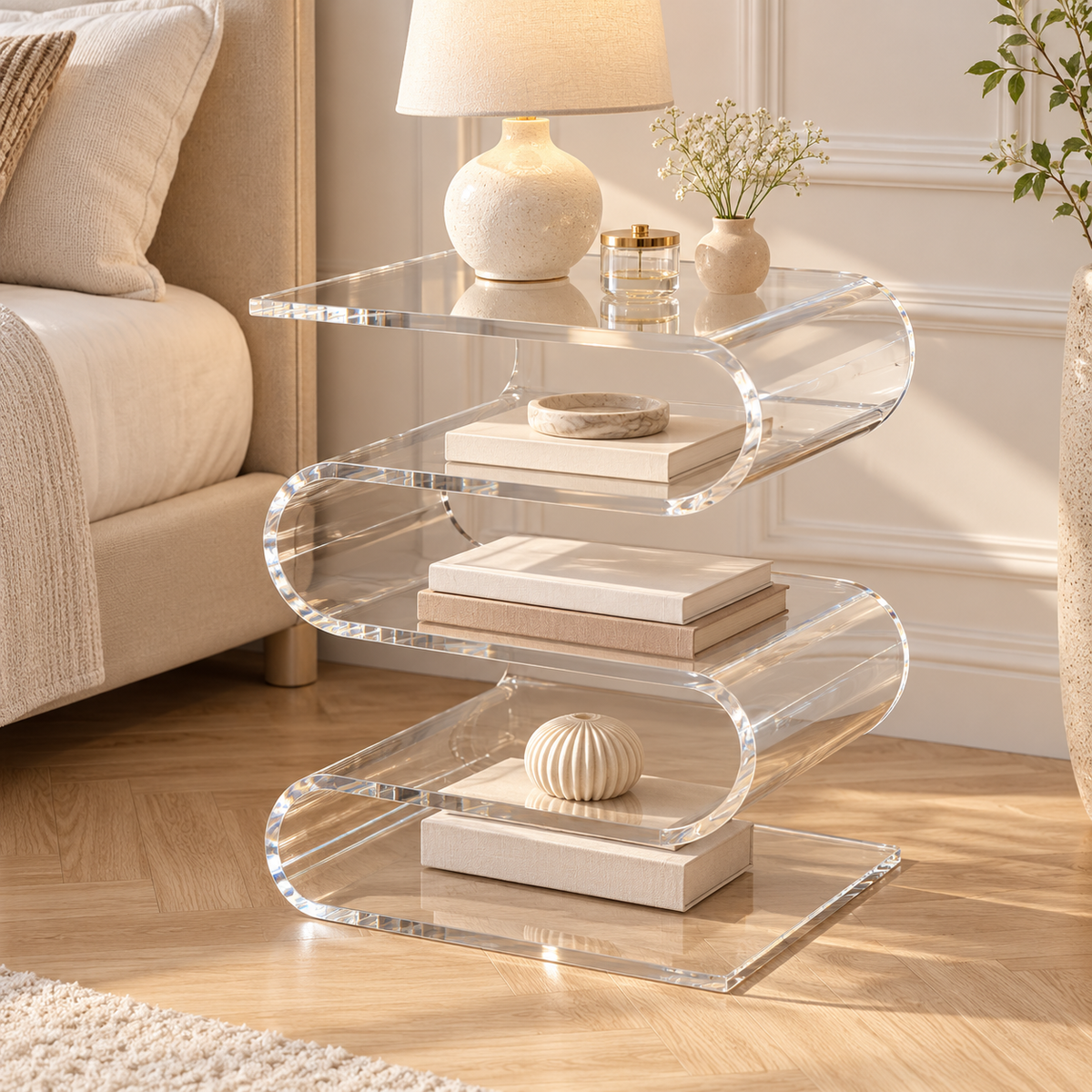 Table d’appoint en acrylique transparent, en forme de vague, sur fond blanc