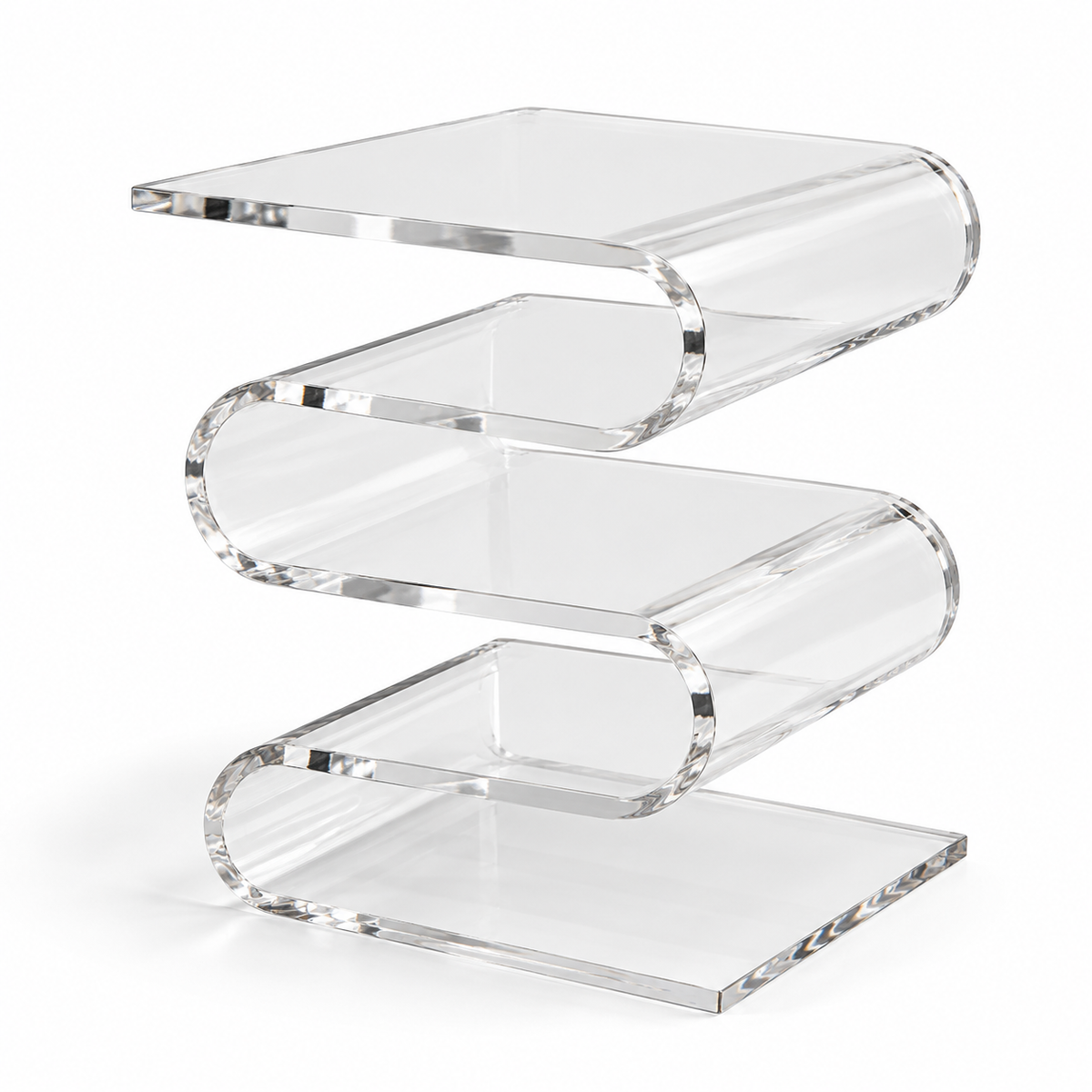 Table d’appoint en acrylique transparent, en forme de vague, sur fond blanc