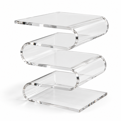 Table d’appoint en acrylique transparent, en forme de vague, sur fond blanc