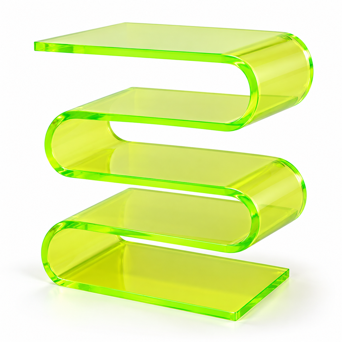 Table d’appoint en acrylique vert fluorescent translucide, en forme de vague, sur fond blanc