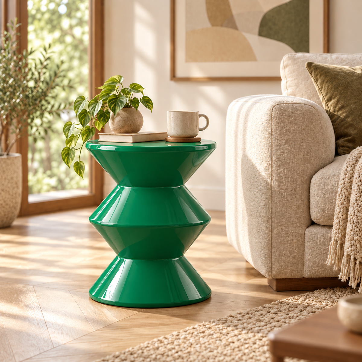 Table d'appoint vert vintage brillante près d'un canapé dans un salon moderne