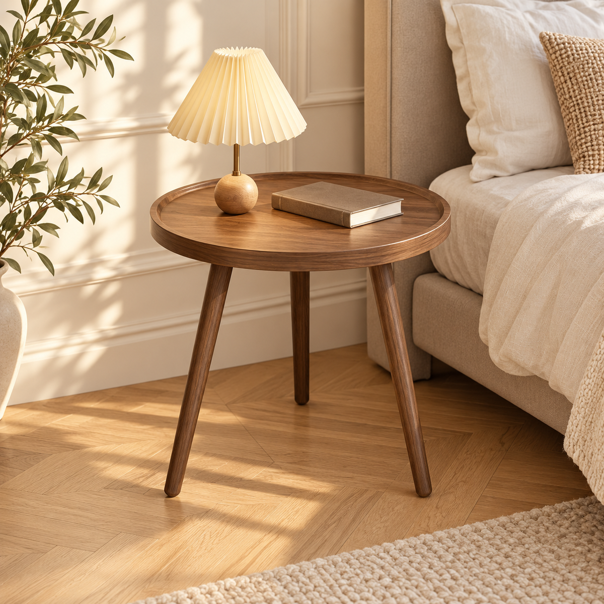 Table ronde en bois brun utilisée comme chevet avec une lampe près d’un lit beige