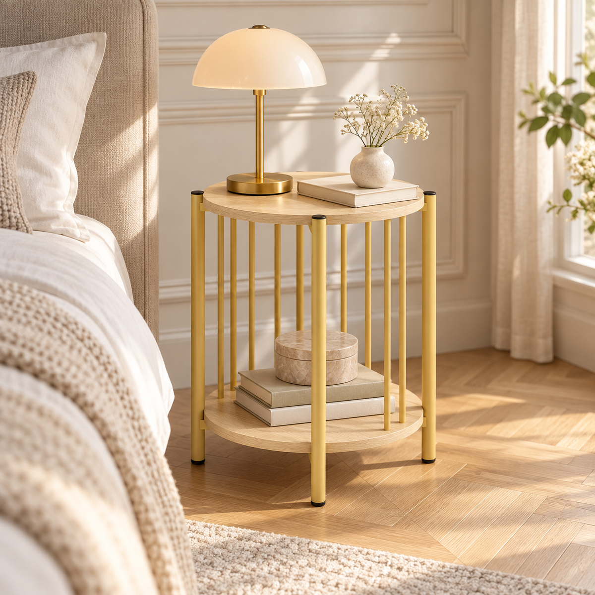 Table de chevet ronde à deux niveaux en bois clair et structure jaune dans une chambre lumineuse