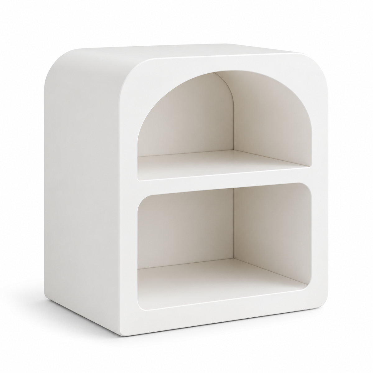 Table de chevet blanche aux contours arrondis avec deux niches ouvertes, sur fond blanc