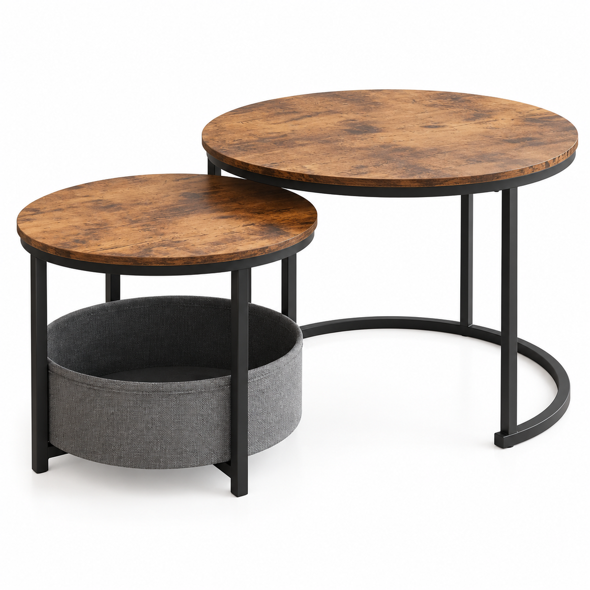 Lot de deux tables gigognes rondes à plateaux bruns, structure noire et panier gris sur fond blanc