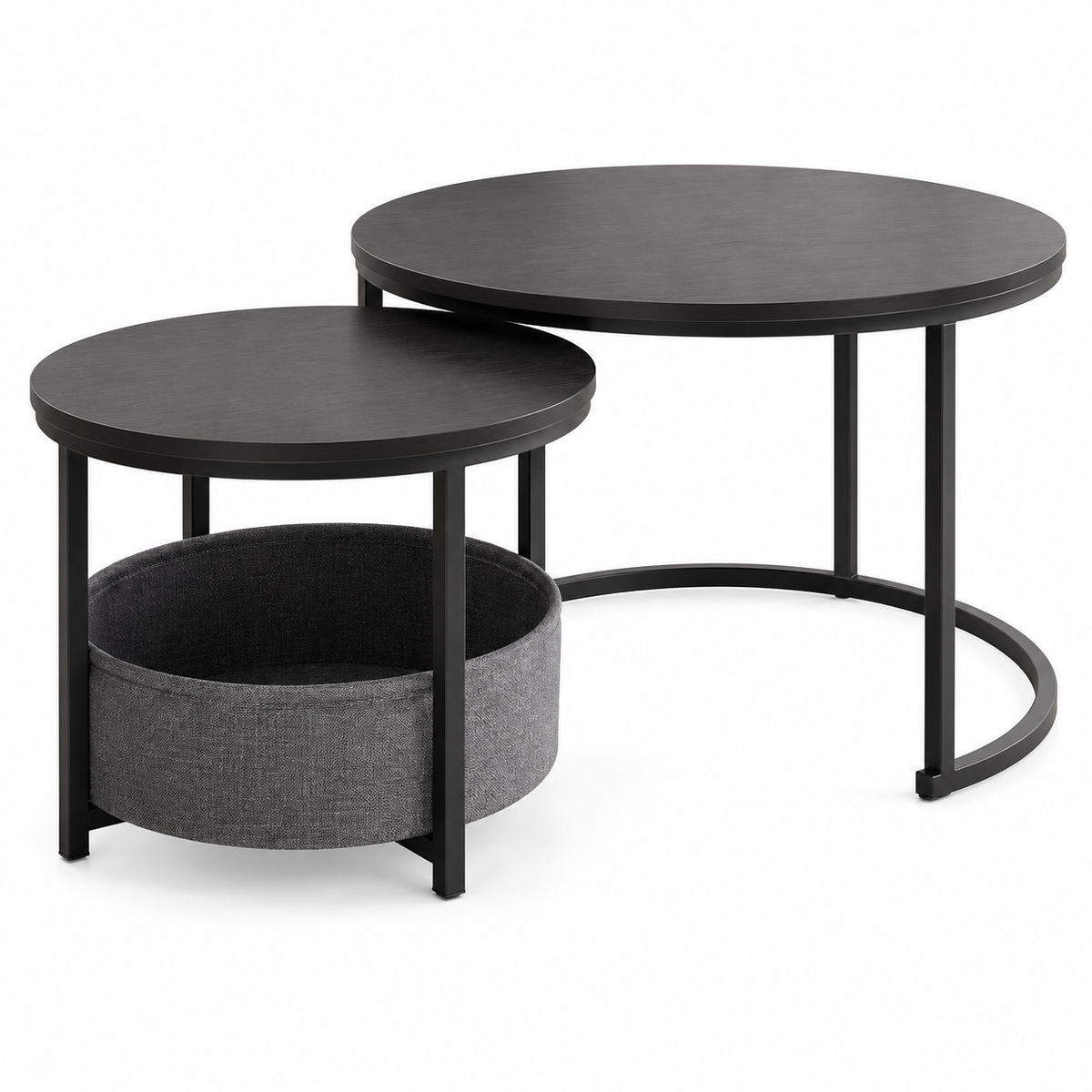 Lot de deux tables gigognes rondes noires avec panier de rangement gris sur fond blanc